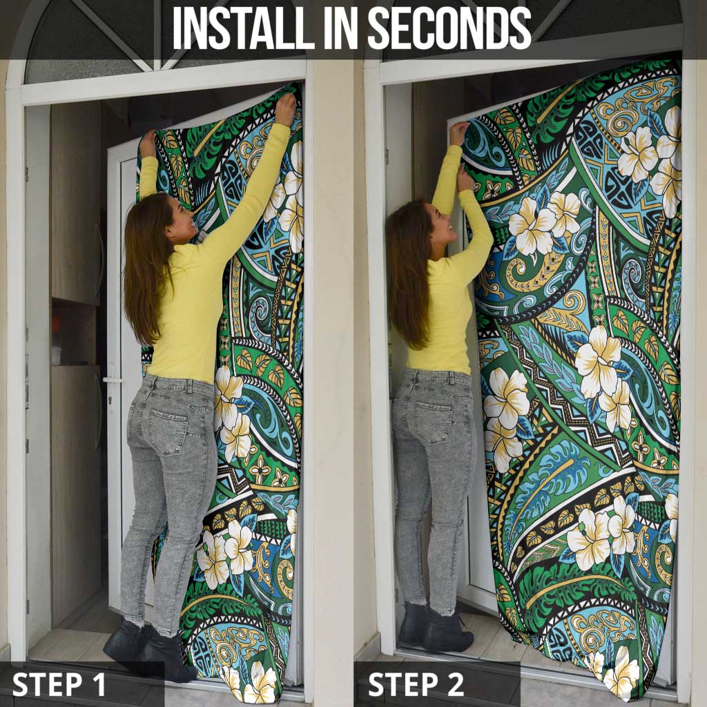 Polynesian Hibiscus Tropical Green Floral Door Cover Tribal Pattern - Polynesian Pride