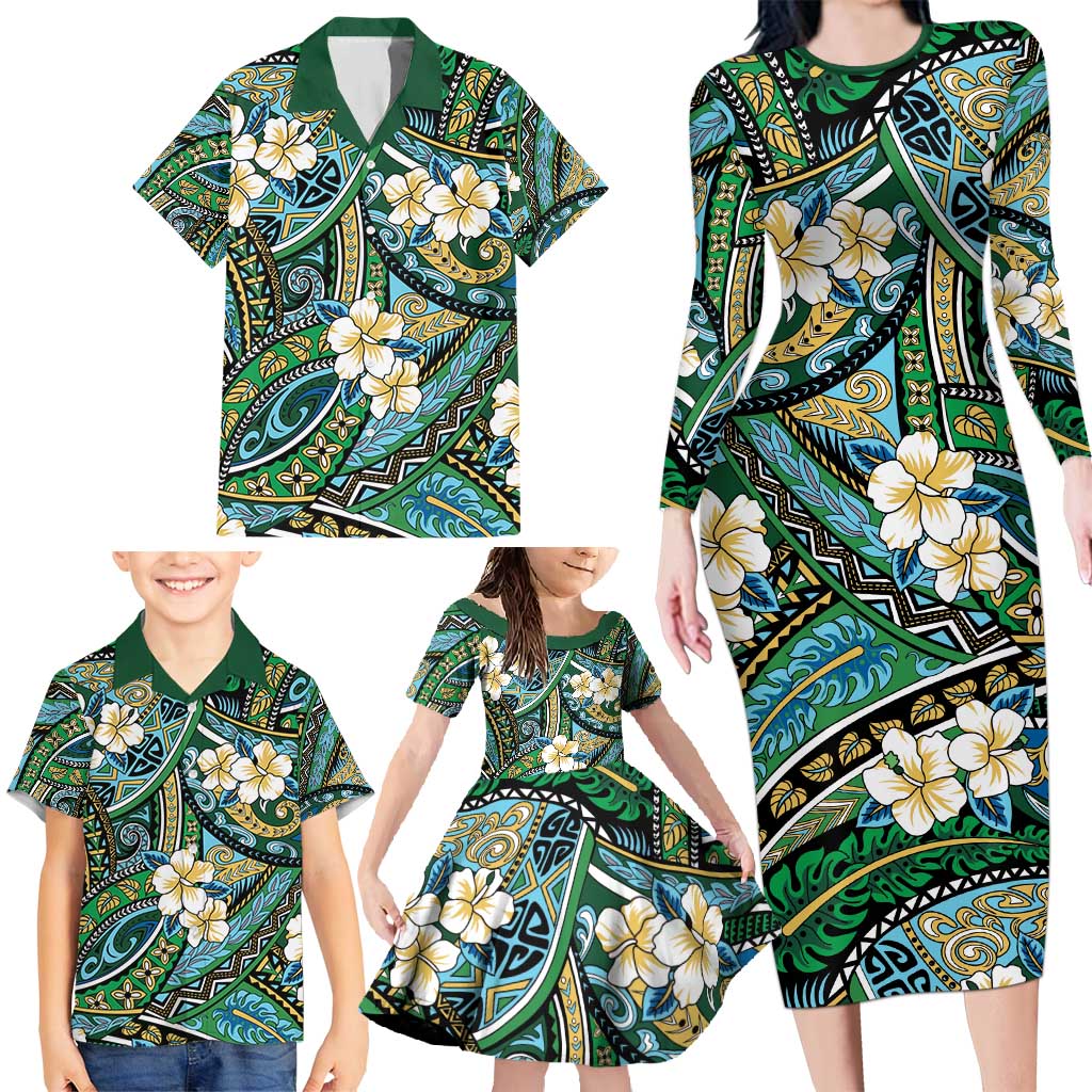 Polynesian Hibiscus Tropical Green Floral Family Matching Long Sleeve Bodycon Dress and Hawaiian Shirt Tribal Pattern - Polynesian Pride