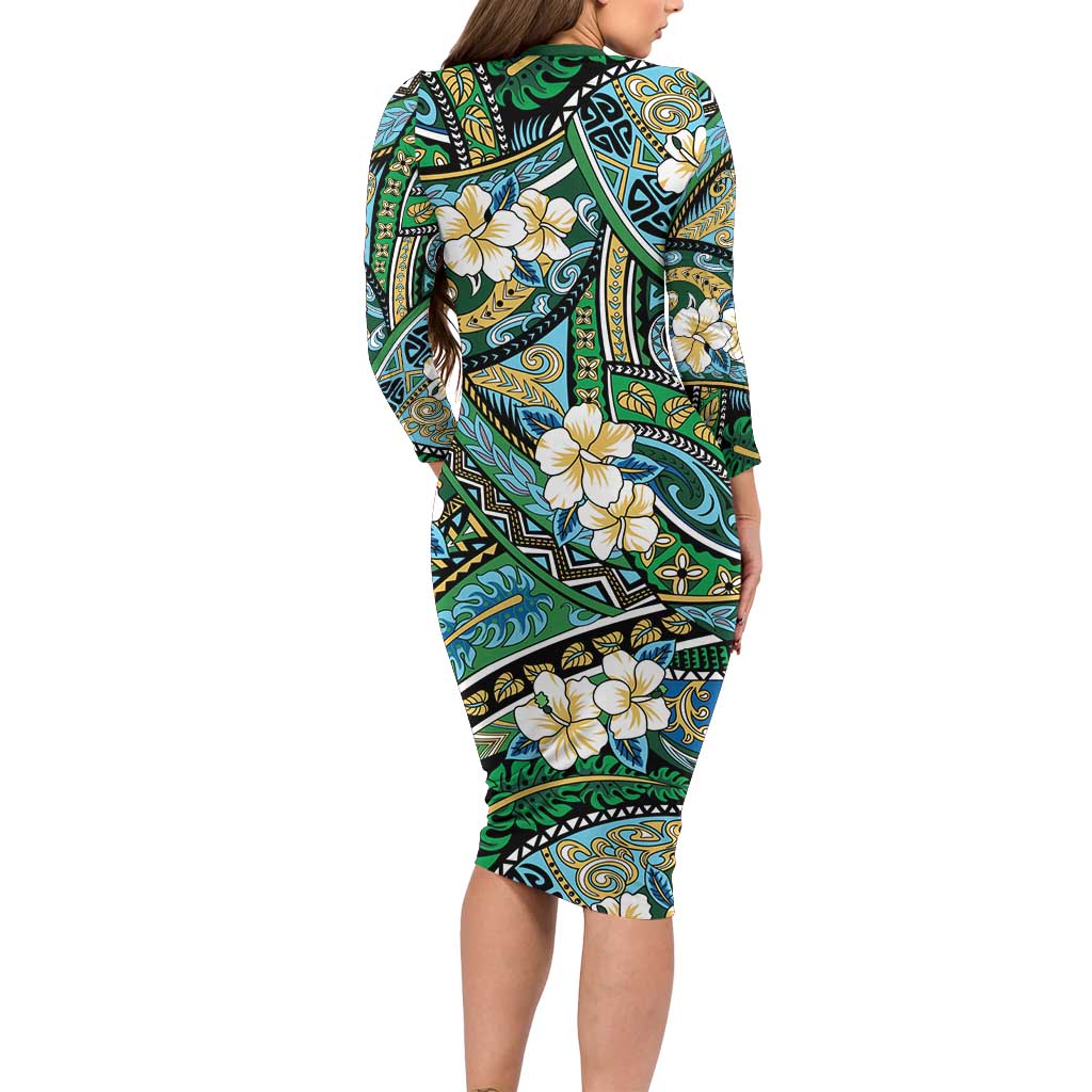 Polynesian Hibiscus Tropical Green Floral Family Matching Long Sleeve Bodycon Dress and Hawaiian Shirt Tribal Pattern - Polynesian Pride