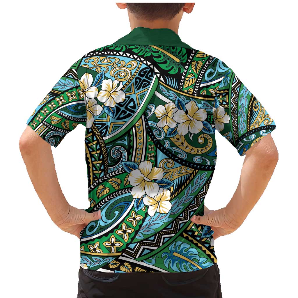 Polynesian Hibiscus Tropical Green Floral Family Matching Mermaid Dress and Hawaiian Shirt Tribal Pattern - Polynesian Pride