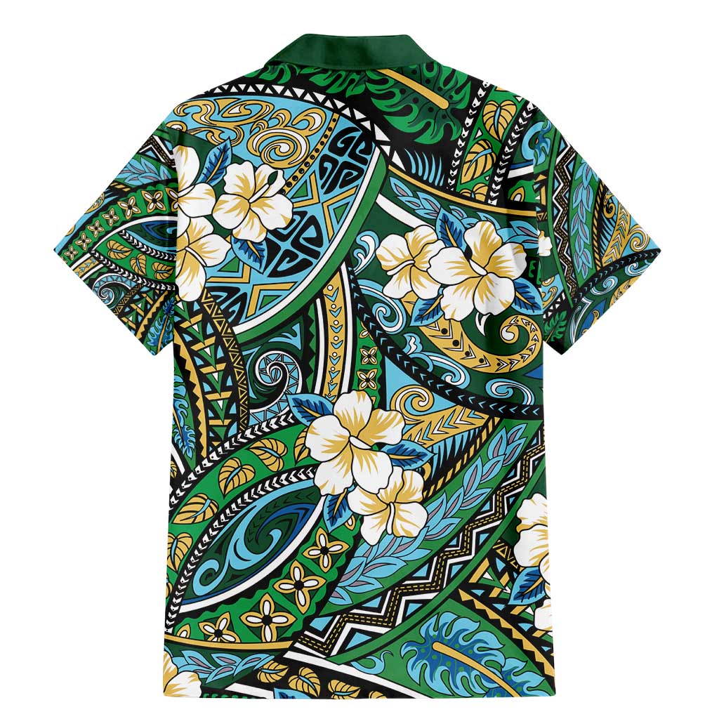 Polynesian Hibiscus Tropical Green Floral Family Matching Mermaid Dress and Hawaiian Shirt Tribal Pattern - Polynesian Pride