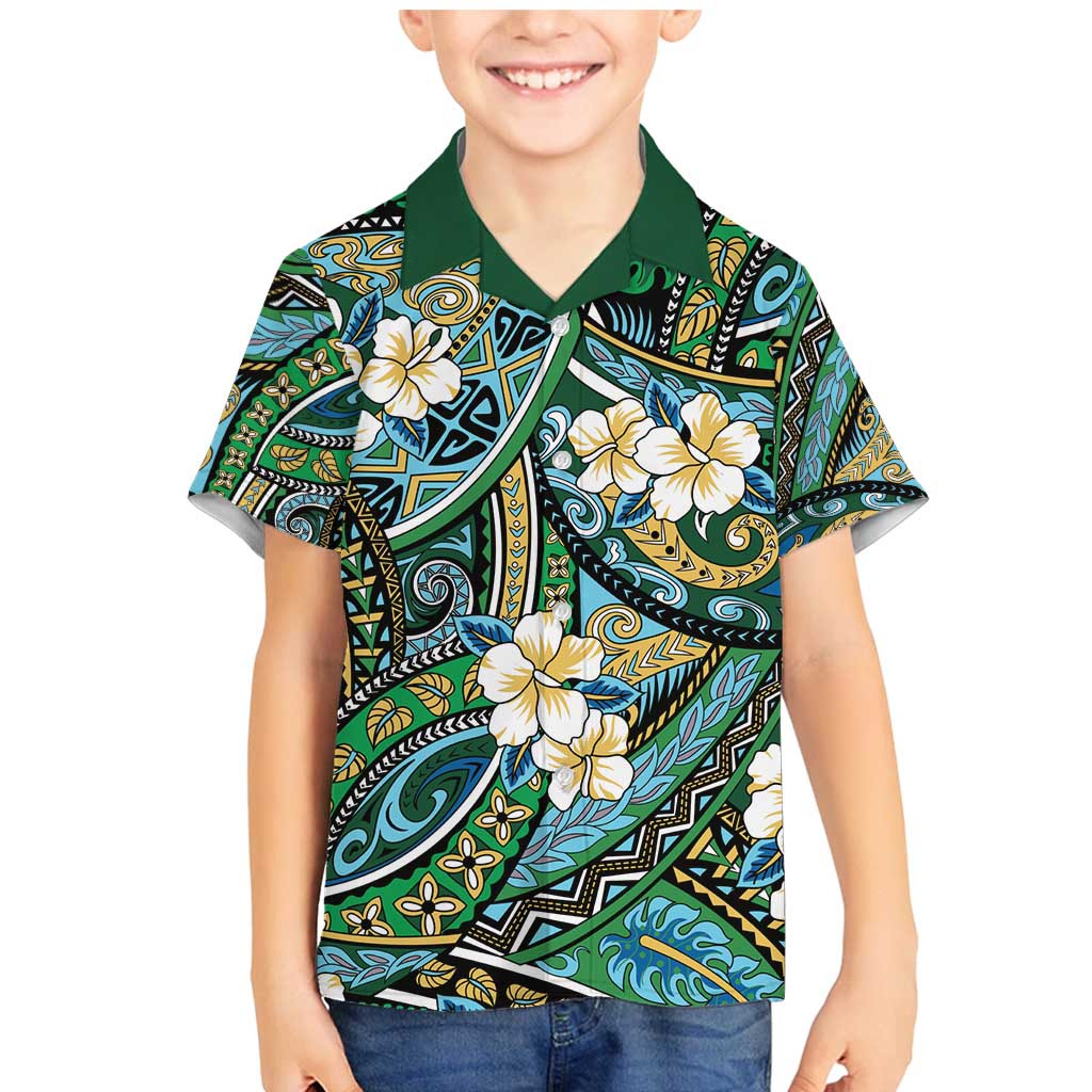 Polynesian Hibiscus Tropical Green Floral Family Matching Mermaid Dress and Hawaiian Shirt Tribal Pattern - Polynesian Pride