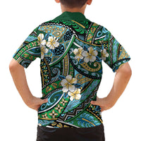 Polynesian Hibiscus Tropical Green Floral Family Matching Off The Shoulder Long Sleeve Dress and Hawaiian Shirt Tribal Pattern - Polynesian Pride