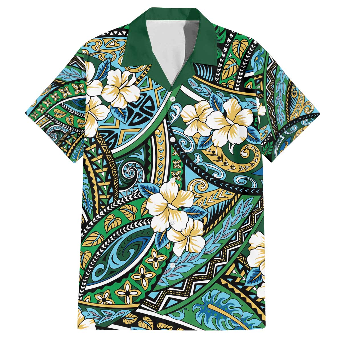 Polynesian Hibiscus Tropical Green Floral Family Matching Off The Shoulder Long Sleeve Dress and Hawaiian Shirt Tribal Pattern - Polynesian Pride