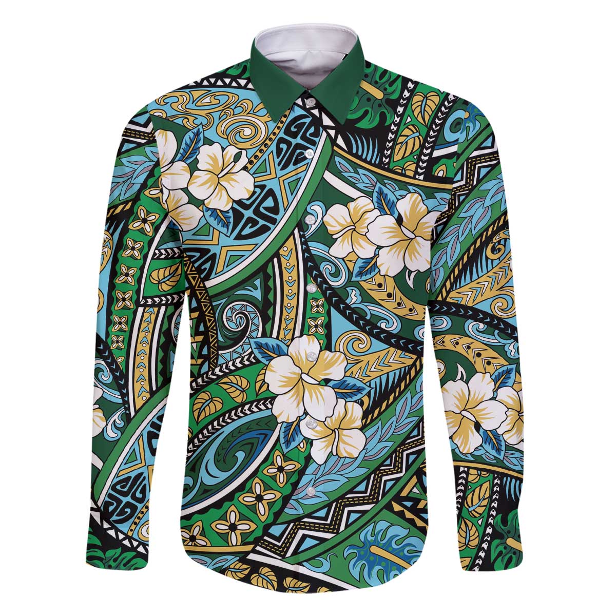 Polynesian Hibiscus Tropical Green Floral Family Matching Off The Shoulder Long Sleeve Dress and Hawaiian Shirt Tribal Pattern - Polynesian Pride
