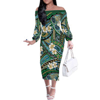 Polynesian Hibiscus Tropical Green Floral Family Matching Off The Shoulder Long Sleeve Dress and Hawaiian Shirt Tribal Pattern - Polynesian Pride