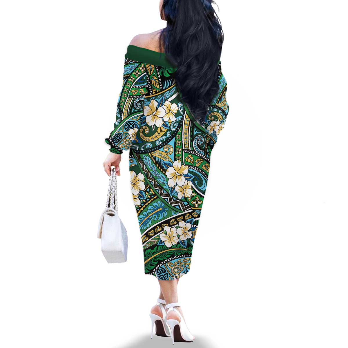Polynesian Hibiscus Tropical Green Floral Family Matching Off The Shoulder Long Sleeve Dress and Hawaiian Shirt Tribal Pattern - Polynesian Pride