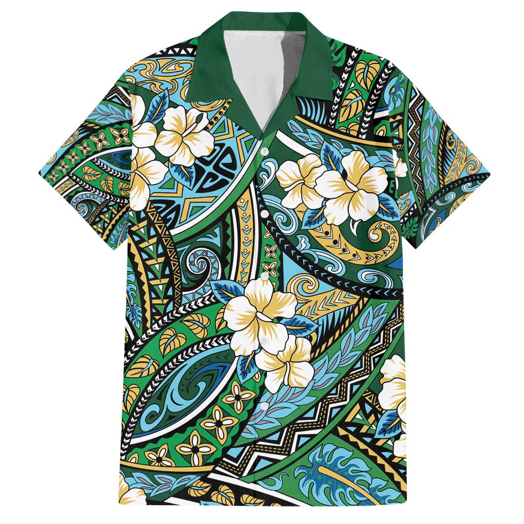 Polynesian Hibiscus Tropical Green Floral Family Matching Puletasi and Hawaiian Shirt Tribal Pattern - Polynesian Pride