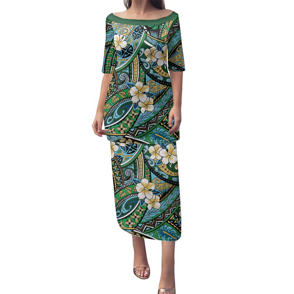 Polynesian Hibiscus Tropical Green Floral Family Matching Puletasi and Hawaiian Shirt Tribal Pattern - Polynesian Pride