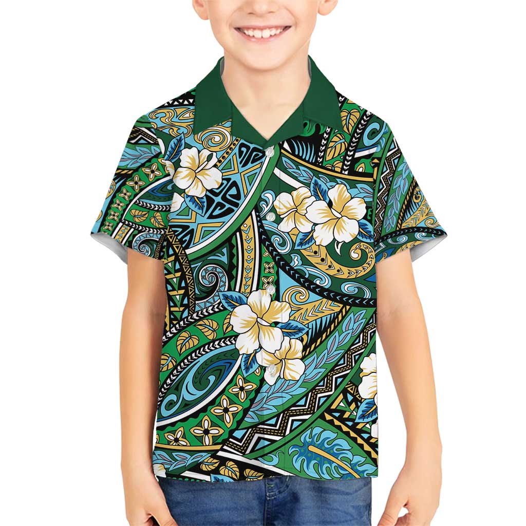 Polynesian Hibiscus Tropical Green Floral Family Matching Puletasi and Hawaiian Shirt Tribal Pattern - Polynesian Pride