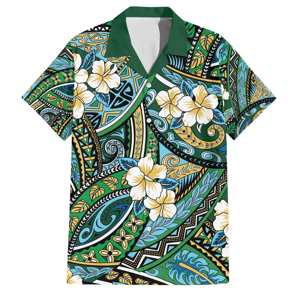Polynesian Hibiscus Tropical Green Floral Family Matching Short Sleeve Bodycon Dress and Hawaiian Shirt Tribal Pattern - Polynesian Pride