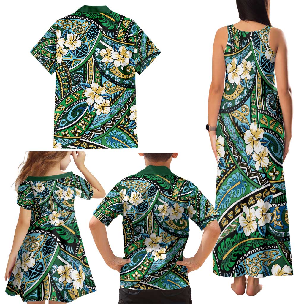 Polynesian Hibiscus Tropical Green Floral Family Matching Tank Maxi Dress and Hawaiian Shirt Tribal Pattern - Polynesian Pride