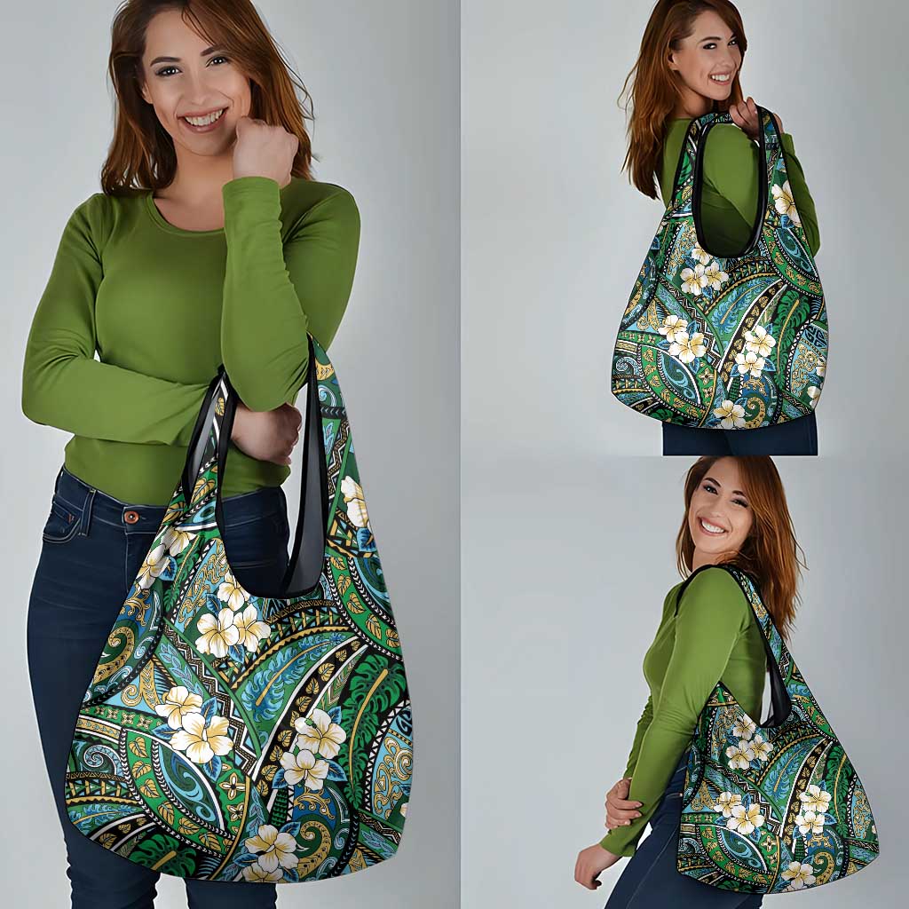Polynesian Hibiscus Tropical Green Floral Grocery Bag Tribal Pattern - Polynesian Pride