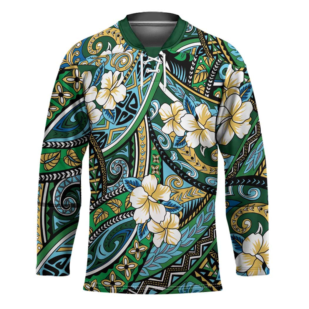 Polynesian Hibiscus Tropical Green Floral Hockey Jersey Tribal Pattern - Polynesian Pride