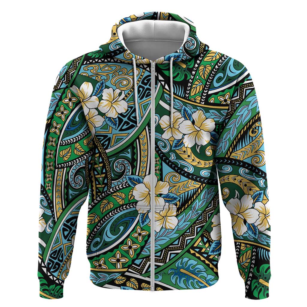 Polynesian Hibiscus Tropical Green Floral Hoodie Tribal Pattern - Polynesian Pride
