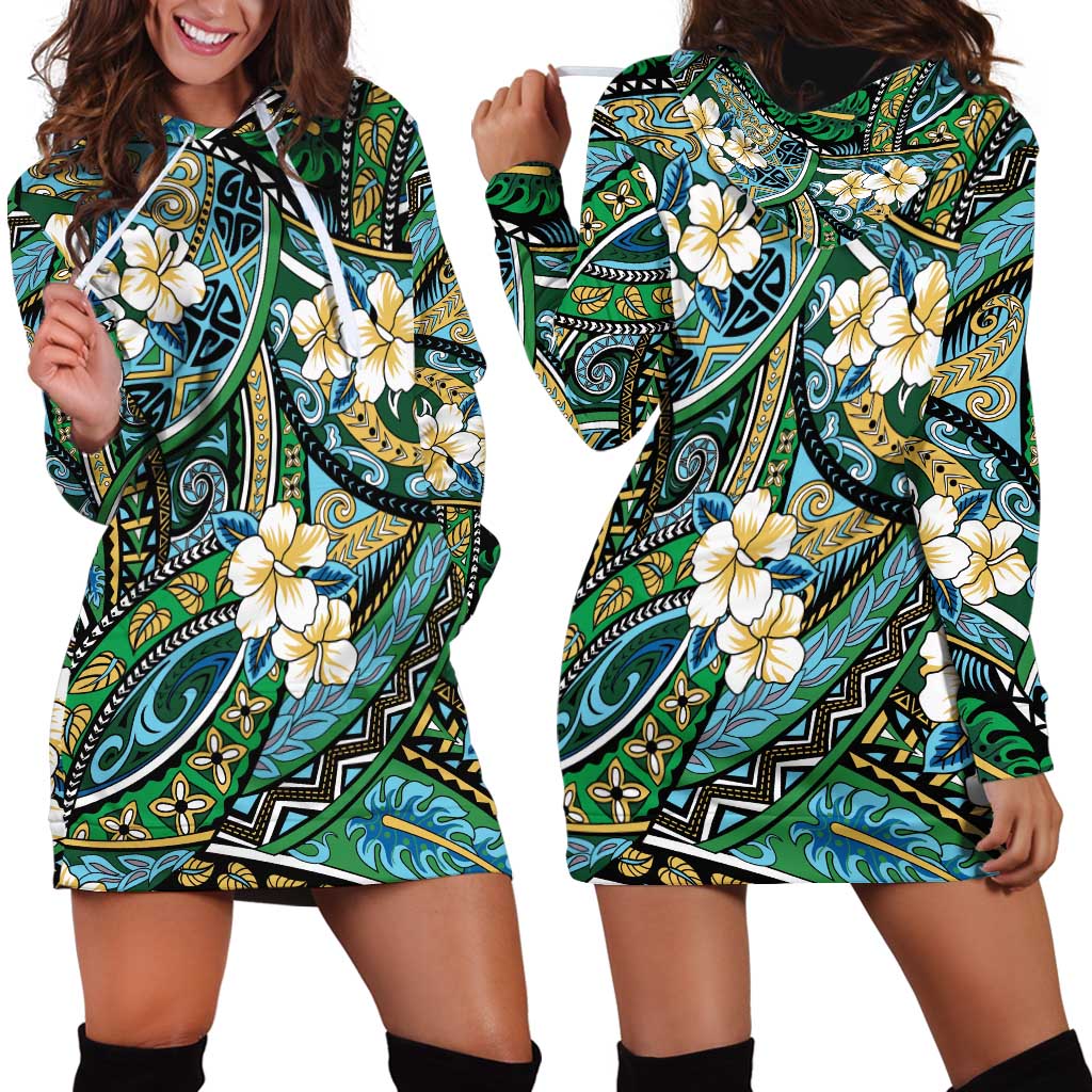 Polynesian Hibiscus Tropical Green Floral Hoodie Dress Tribal Pattern - Polynesian Pride