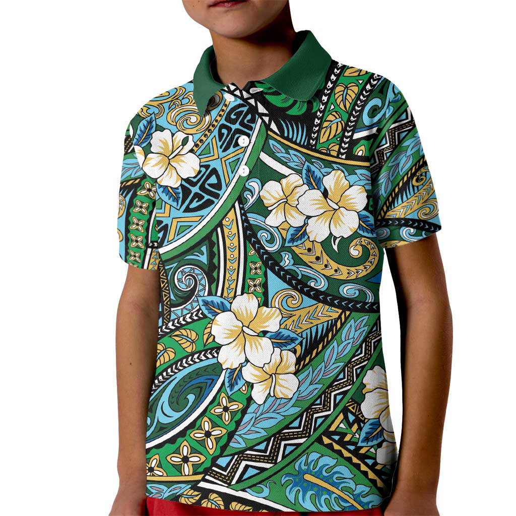 Polynesian Hibiscus Tropical Green Floral Kid Polo Shirt Tribal Pattern - Polynesian Pride