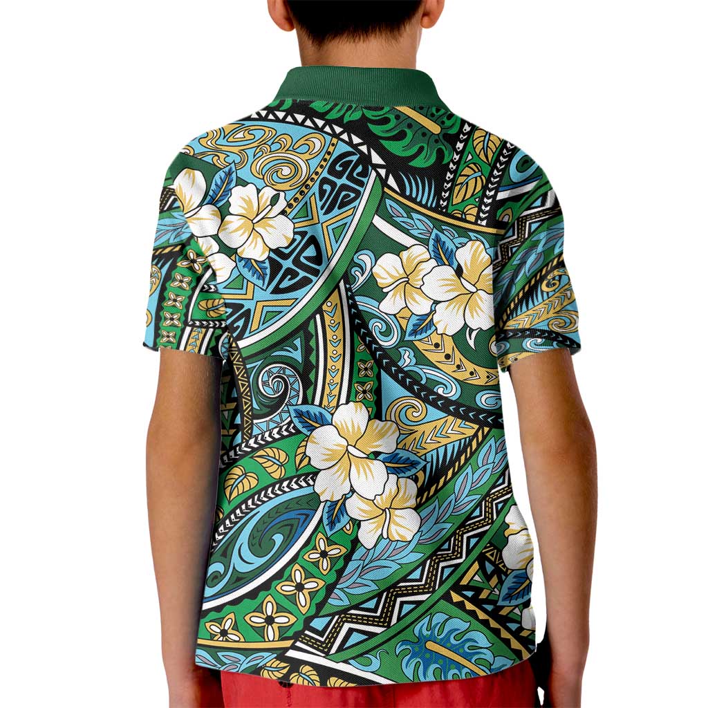 Polynesian Hibiscus Tropical Green Floral Kid Polo Shirt Tribal Pattern - Polynesian Pride