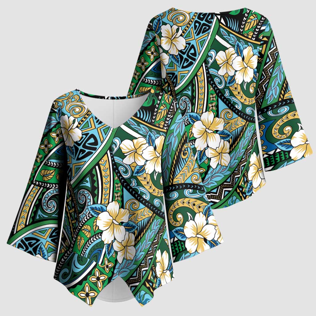Polynesian Hibiscus Tropical Green Floral Kimono Sleeve Blouse Tribal Pattern - Polynesian Pride