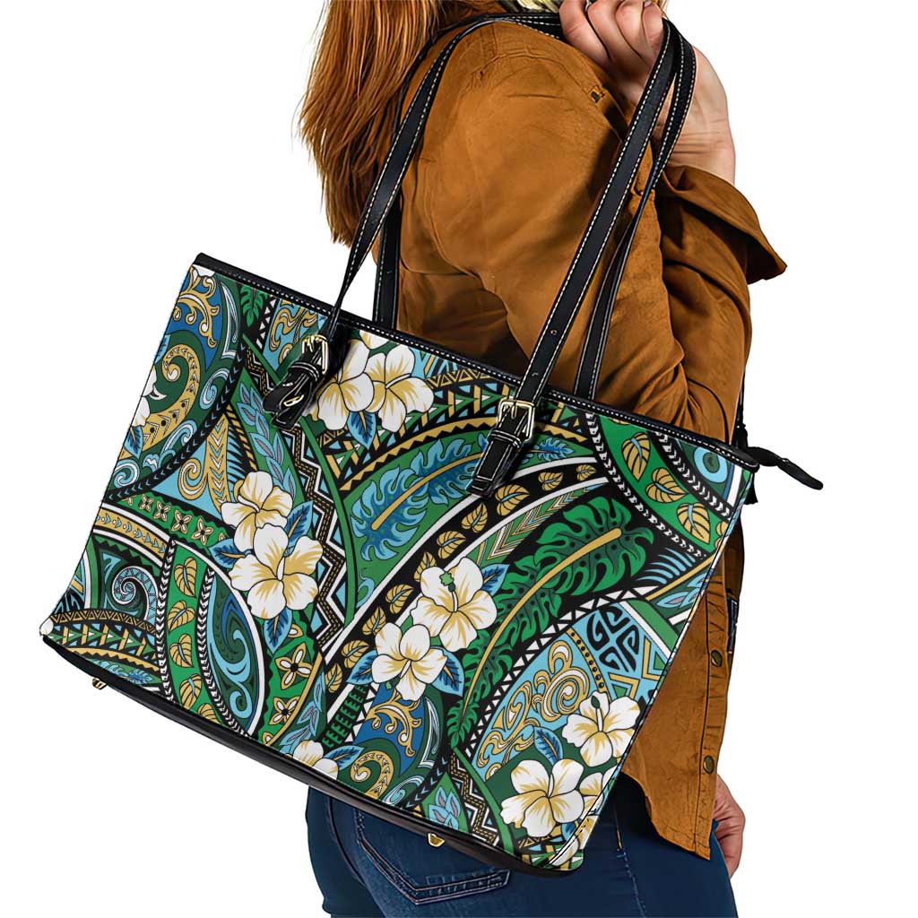 Polynesian Hibiscus Tropical Green Floral Leather Tote Bag Tribal Pattern - Polynesian Pride