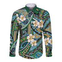 Polynesian Hibiscus Tropical Green Floral Long Sleeve Button Shirt Tribal Pattern - Polynesian Pride