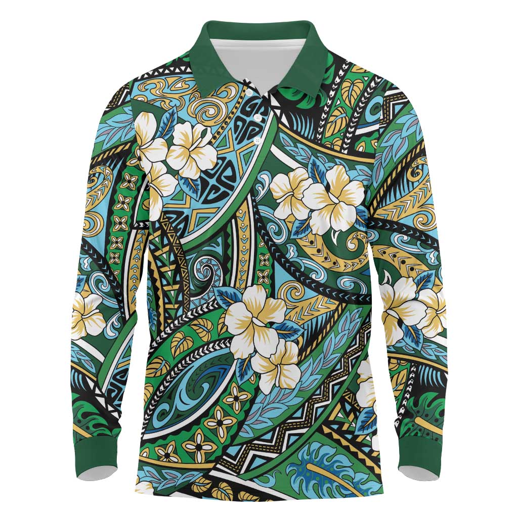 Polynesian Hibiscus Tropical Green Floral Long Sleeve Polo Shirt Tribal Pattern - Polynesian Pride