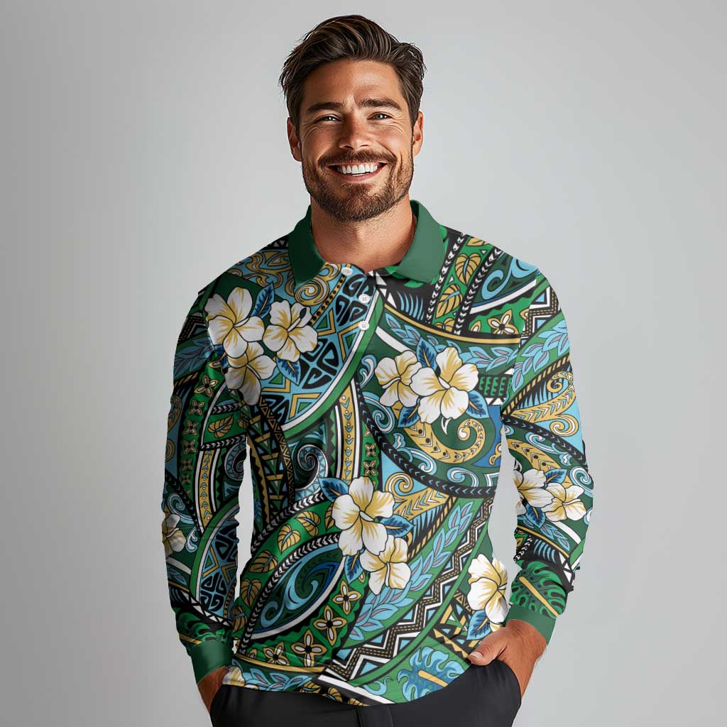 Polynesian Hibiscus Tropical Green Floral Long Sleeve Polo Shirt Tribal Pattern - Polynesian Pride