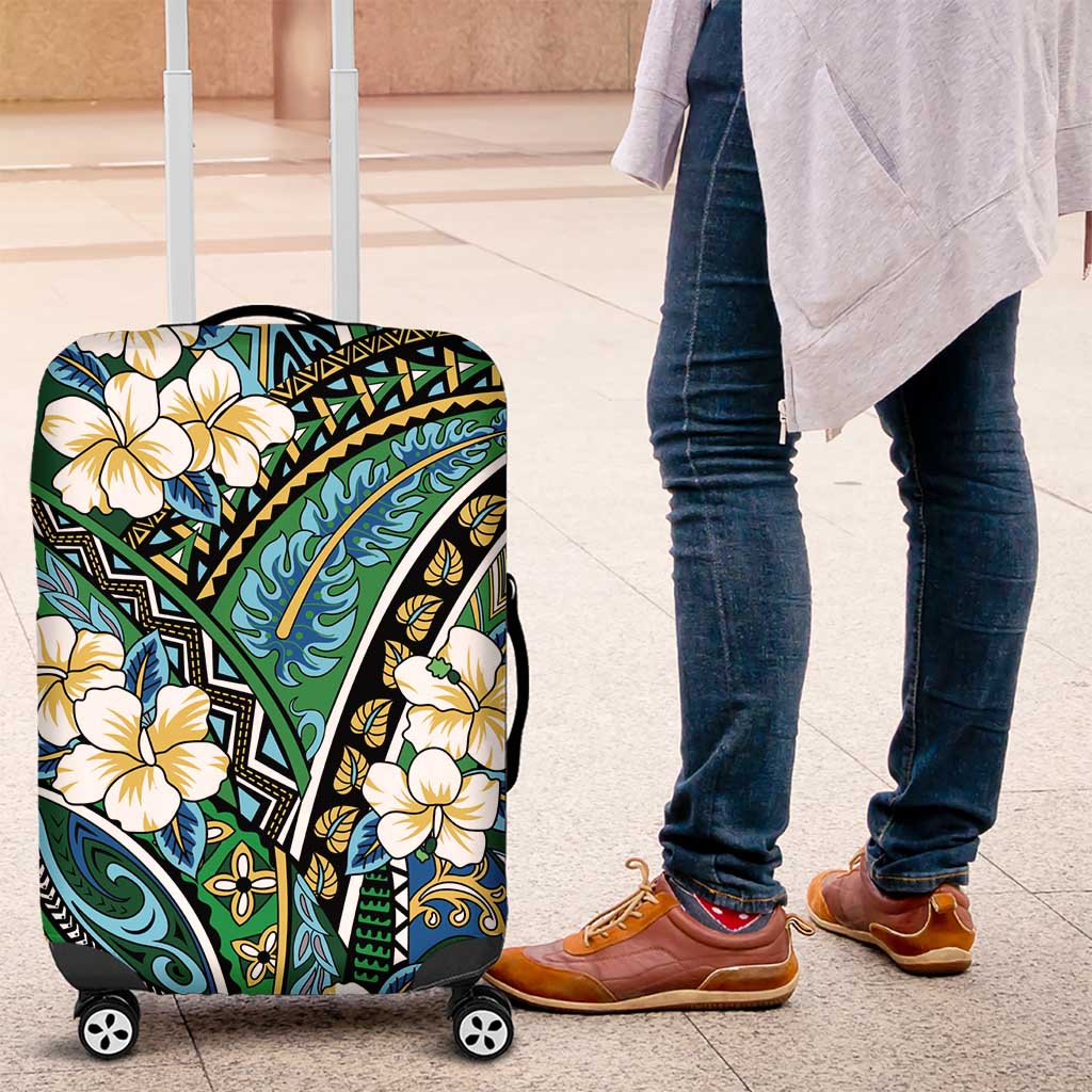 Polynesian Hibiscus Tropical Green Floral Luggage Cover Tribal Pattern - Polynesian Pride