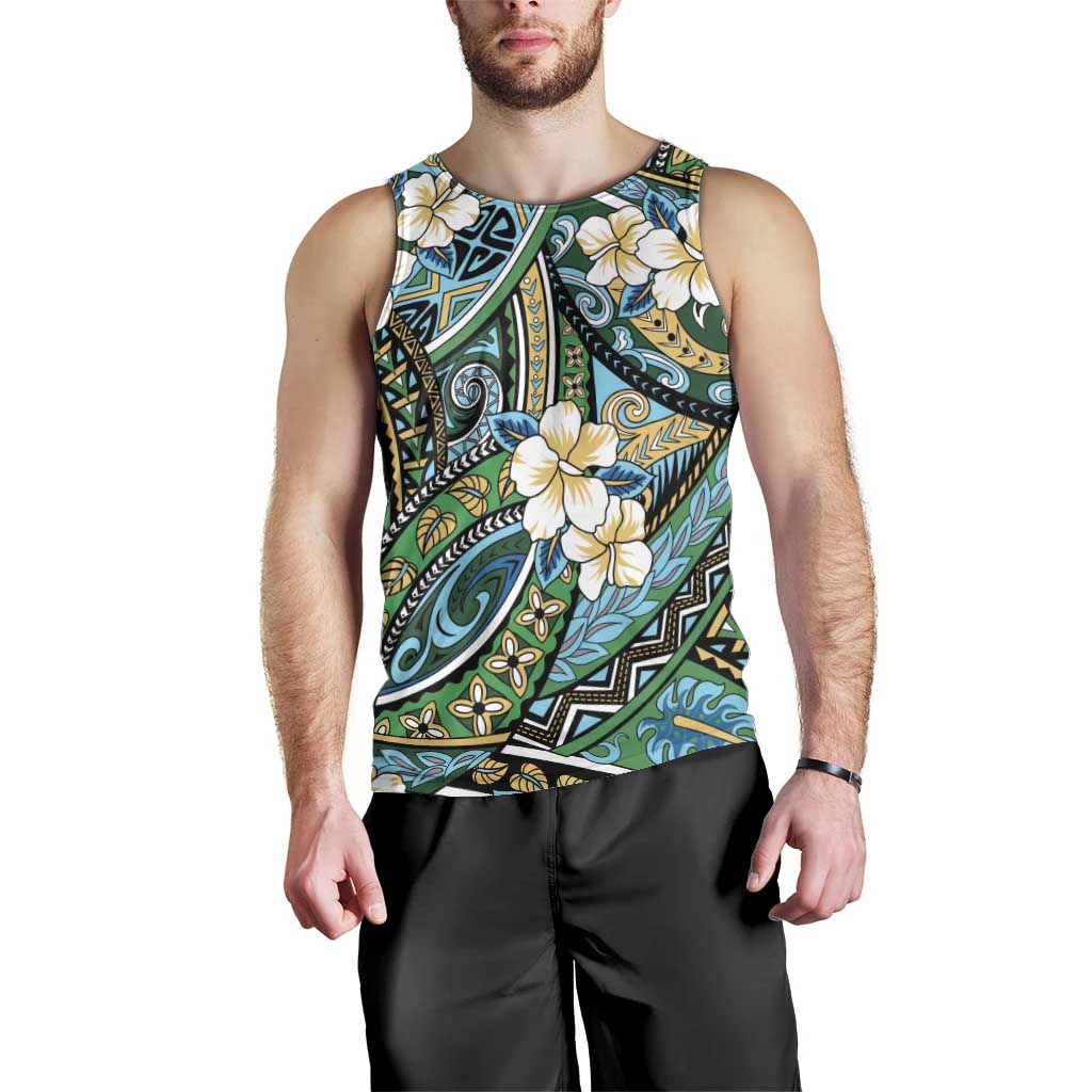 Polynesian Hibiscus Tropical Green Floral Men Tank Top Tribal Pattern - Polynesian Pride