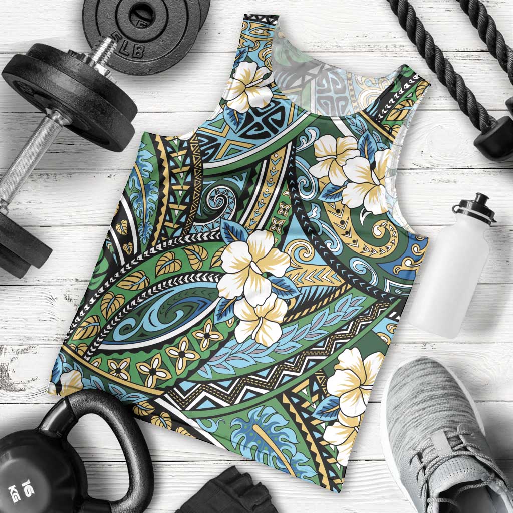 Polynesian Hibiscus Tropical Green Floral Men Tank Top Tribal Pattern - Polynesian Pride