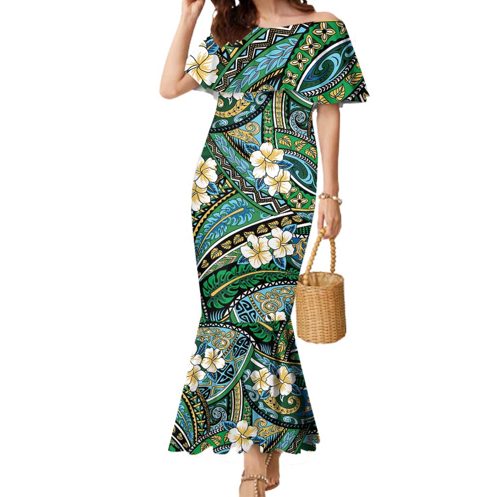 Polynesian Hibiscus Tropical Green Floral Mermaid Dress Tribal Pattern - Polynesian Pride