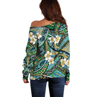 Polynesian Hibiscus Tropical Green Floral Off Shoulder Sweater Tribal Pattern - Polynesian Pride