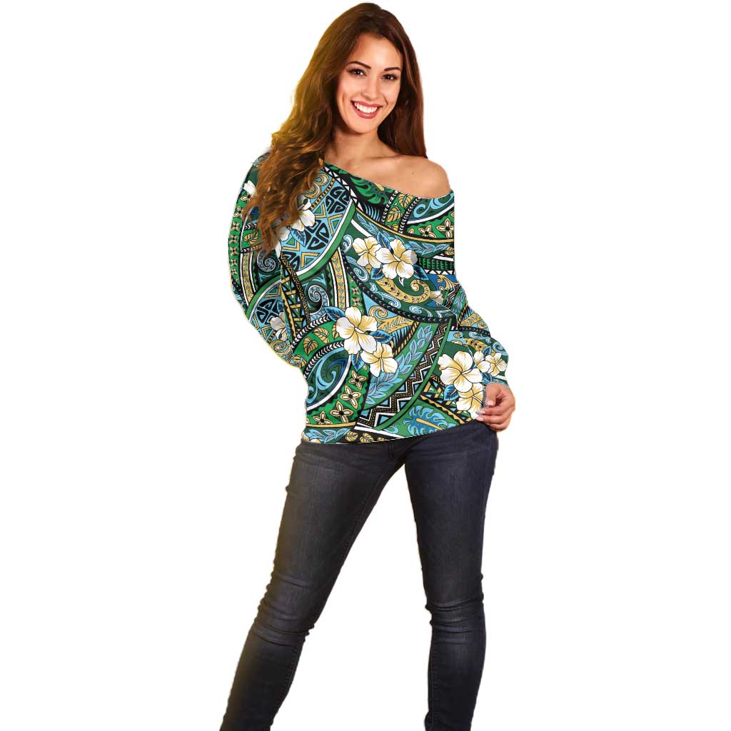 Polynesian Hibiscus Tropical Green Floral Off Shoulder Sweater Tribal Pattern - Polynesian Pride