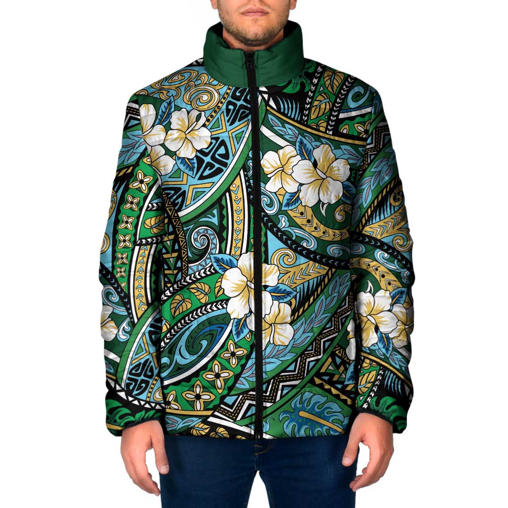Polynesian Hibiscus Tropical Green Floral Padded Jacket Tribal Pattern - Polynesian Pride