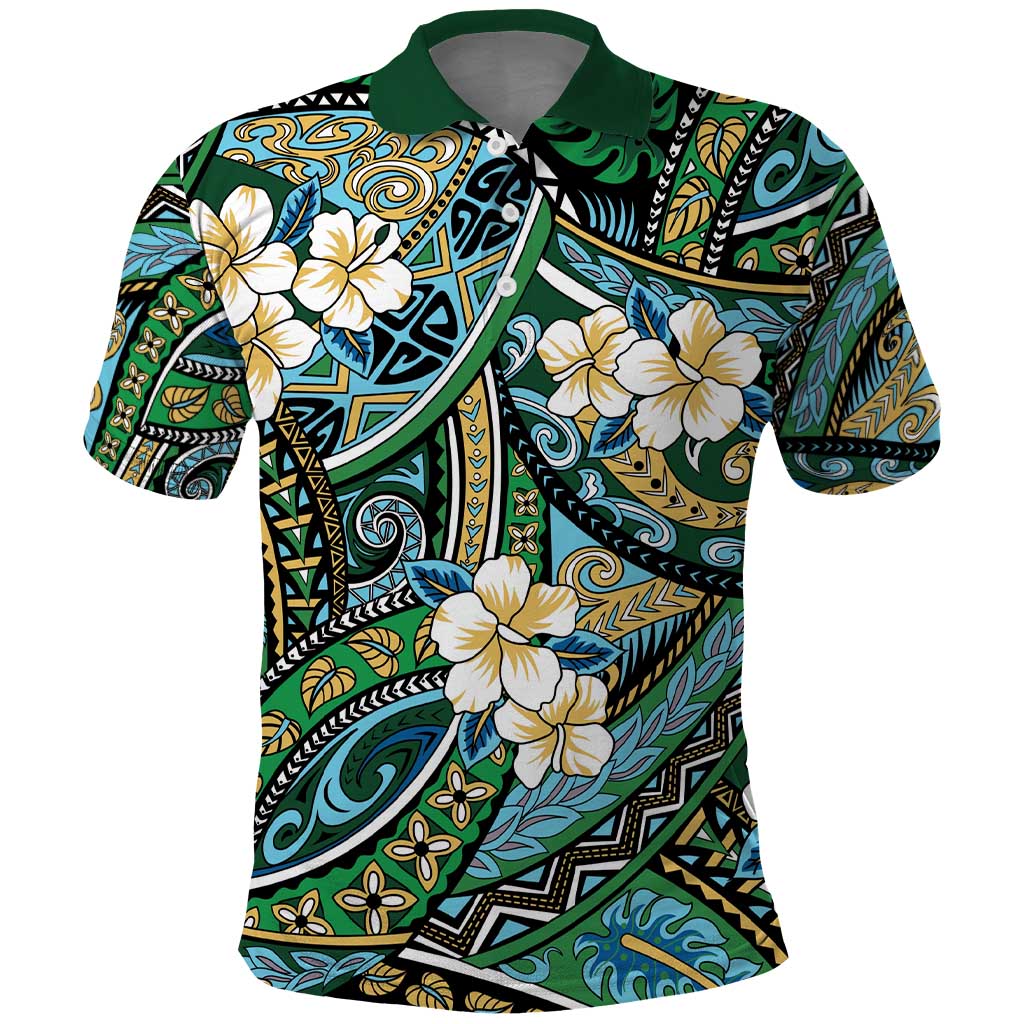 Polynesian Hibiscus Tropical Green Floral Polo Shirt Tribal Pattern - Polynesian Pride