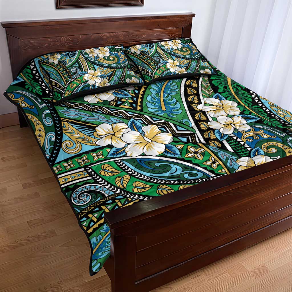 Polynesian Hibiscus Tropical Green Floral Quilt Bed Set Tribal Pattern - Polynesian Pride