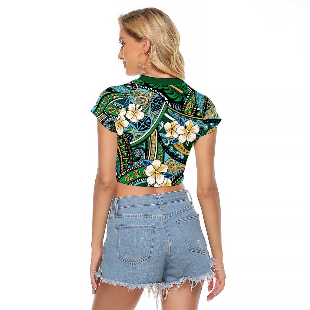 Polynesian Hibiscus Tropical Green Floral Raglan Cropped T Shirt Tribal Pattern - Polynesian Pride