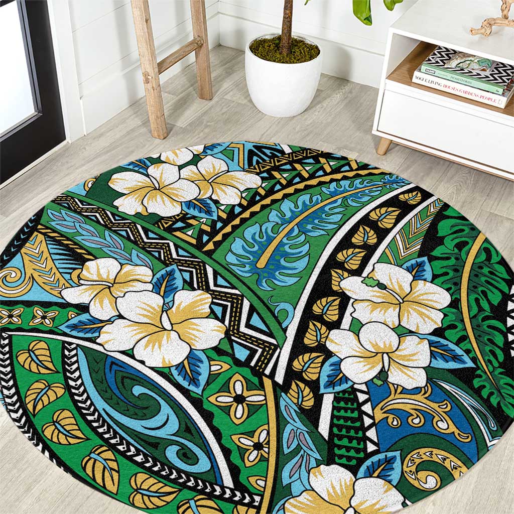 Polynesian Hibiscus Tropical Green Floral Round Carpet Tribal Pattern - Polynesian Pride