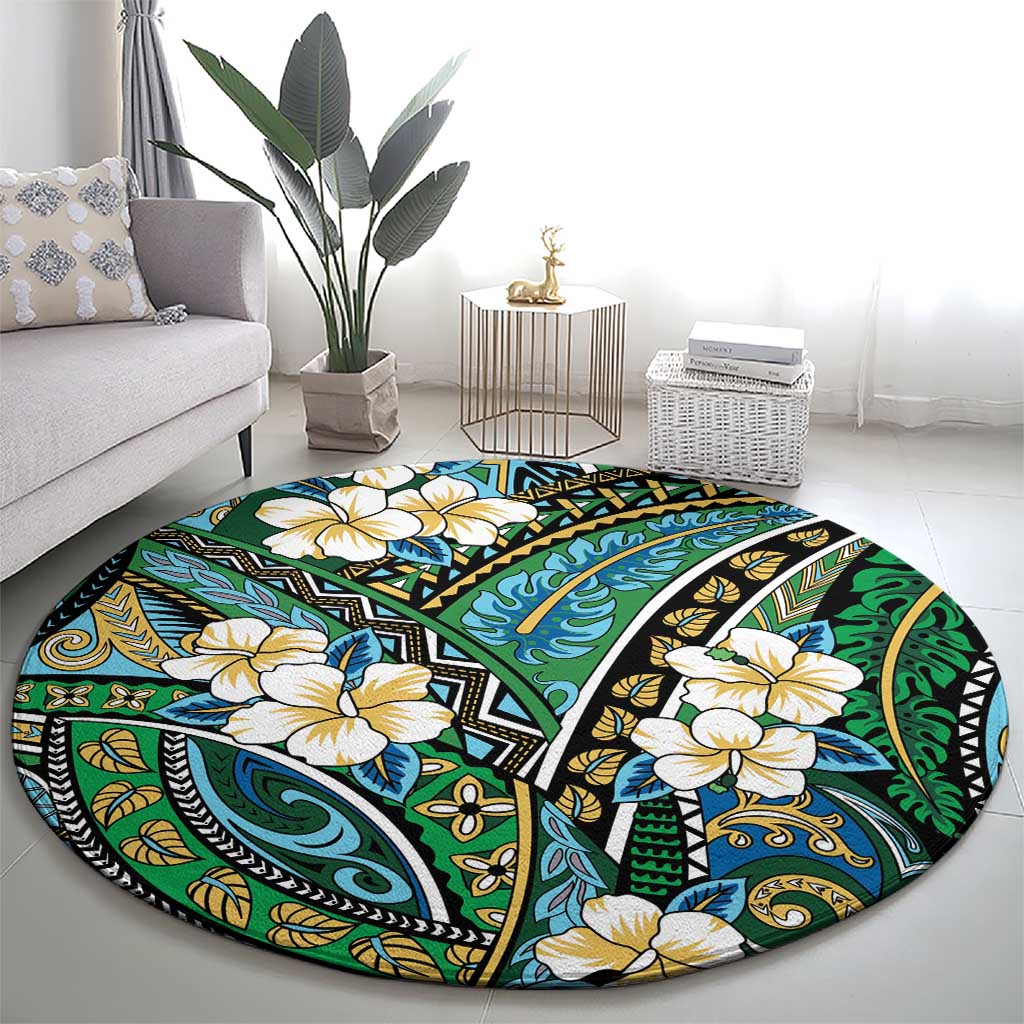 Polynesian Hibiscus Tropical Green Floral Round Carpet Tribal Pattern - Polynesian Pride
