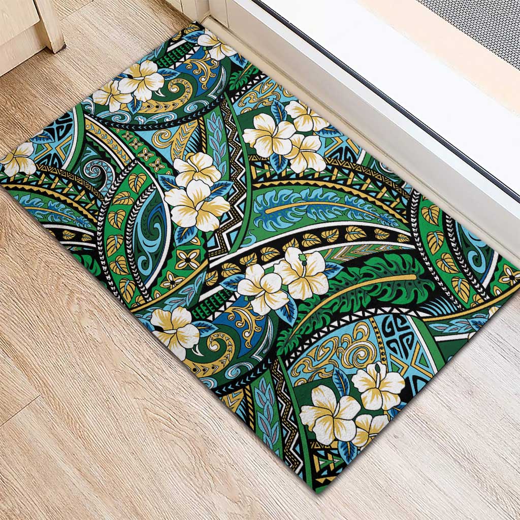 Polynesian Hibiscus Tropical Green Floral Rubber Doormat Tribal Pattern - Polynesian Pride