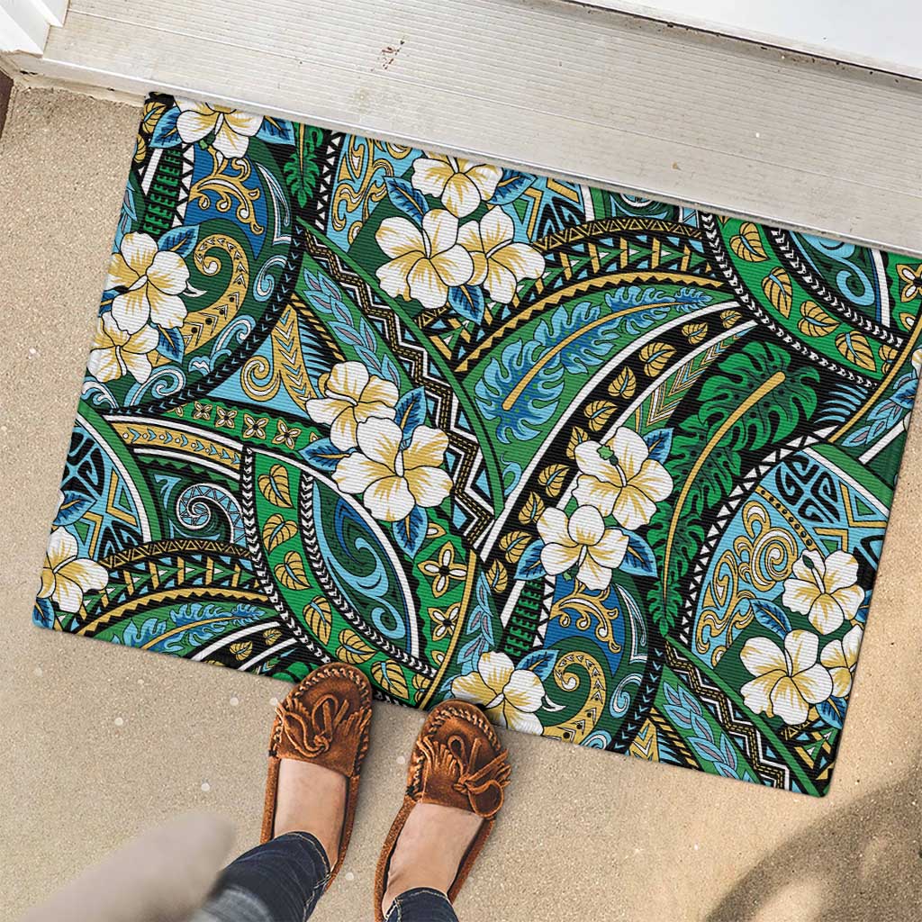Polynesian Hibiscus Tropical Green Floral Rubber Doormat Tribal Pattern - Polynesian Pride