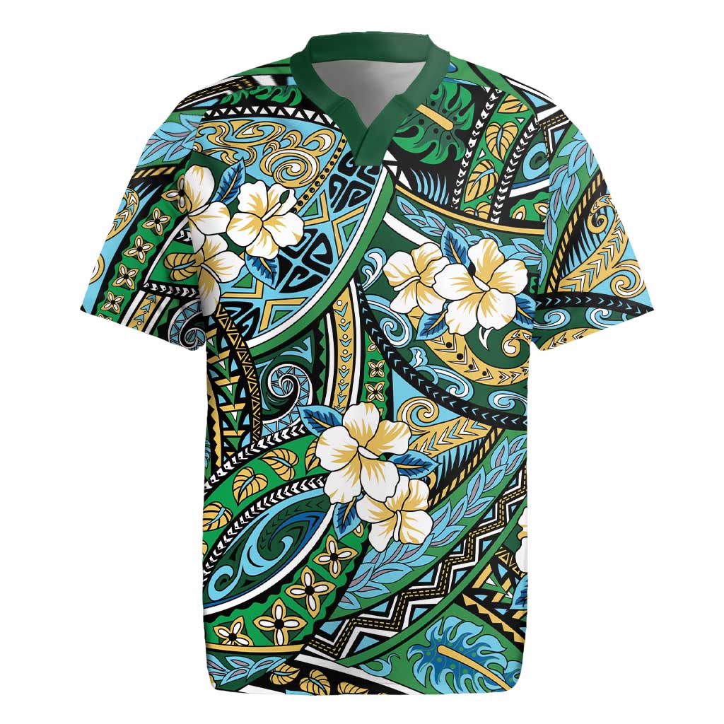 Polynesian Hibiscus Tropical Green Floral Rugby Jersey Tribal Pattern - Polynesian Pride