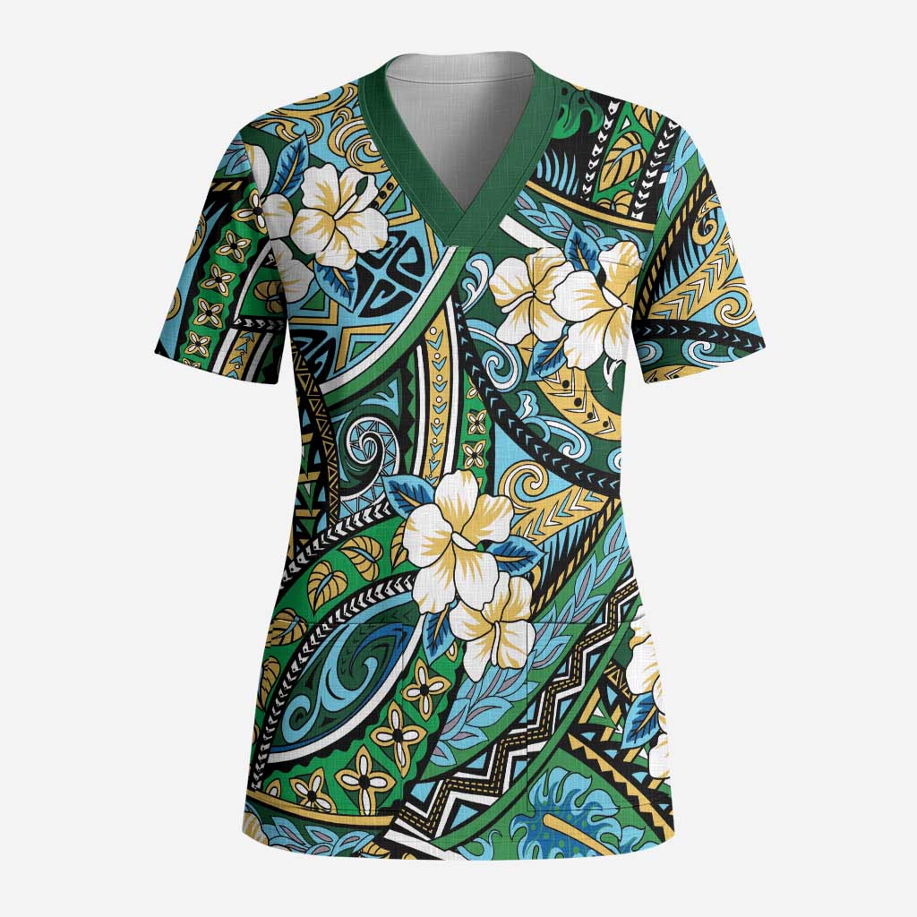 Polynesian Hibiscus Tropical Green Floral Scrub Top Tribal Pattern - Polynesian Pride