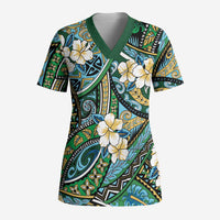 Polynesian Hibiscus Tropical Green Floral Scrub Top Tribal Pattern - Polynesian Pride