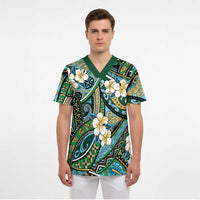 Polynesian Hibiscus Tropical Green Floral Scrub Top Tribal Pattern - Polynesian Pride