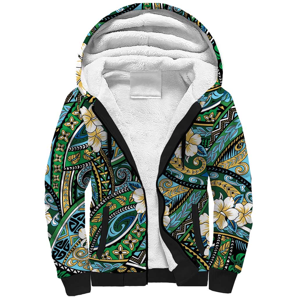 Polynesian Hibiscus Tropical Green Floral Sherpa Hoodie Tribal Pattern - Polynesian Pride