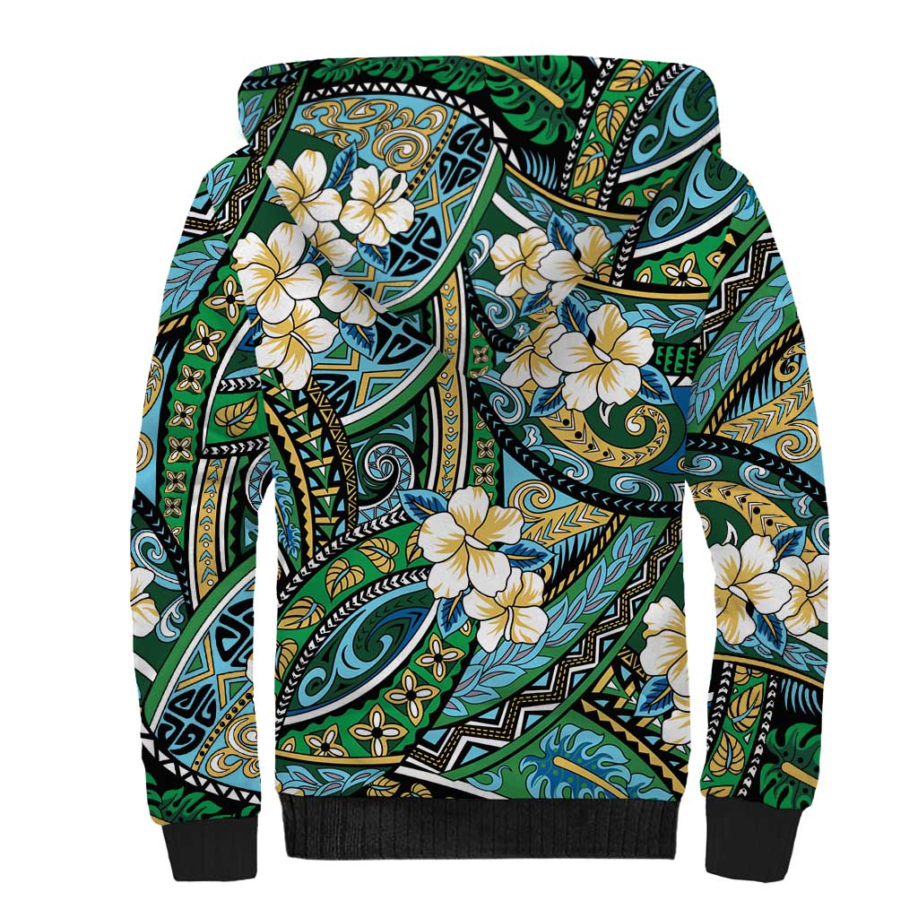 Polynesian Hibiscus Tropical Green Floral Sherpa Hoodie Tribal Pattern LT01 - Polynesian Pride