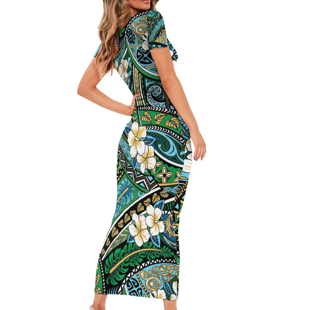 Polynesian Hibiscus Tropical Green Floral Short Sleeve Bodycon Dress Tribal Pattern - Polynesian Pride