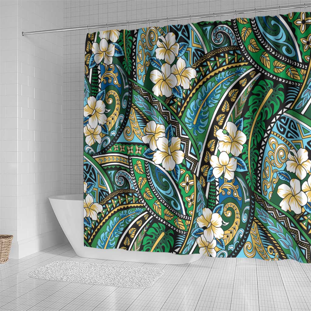 Polynesian Hibiscus Tropical Green Floral Shower Curtain Tribal Pattern - Polynesian Pride