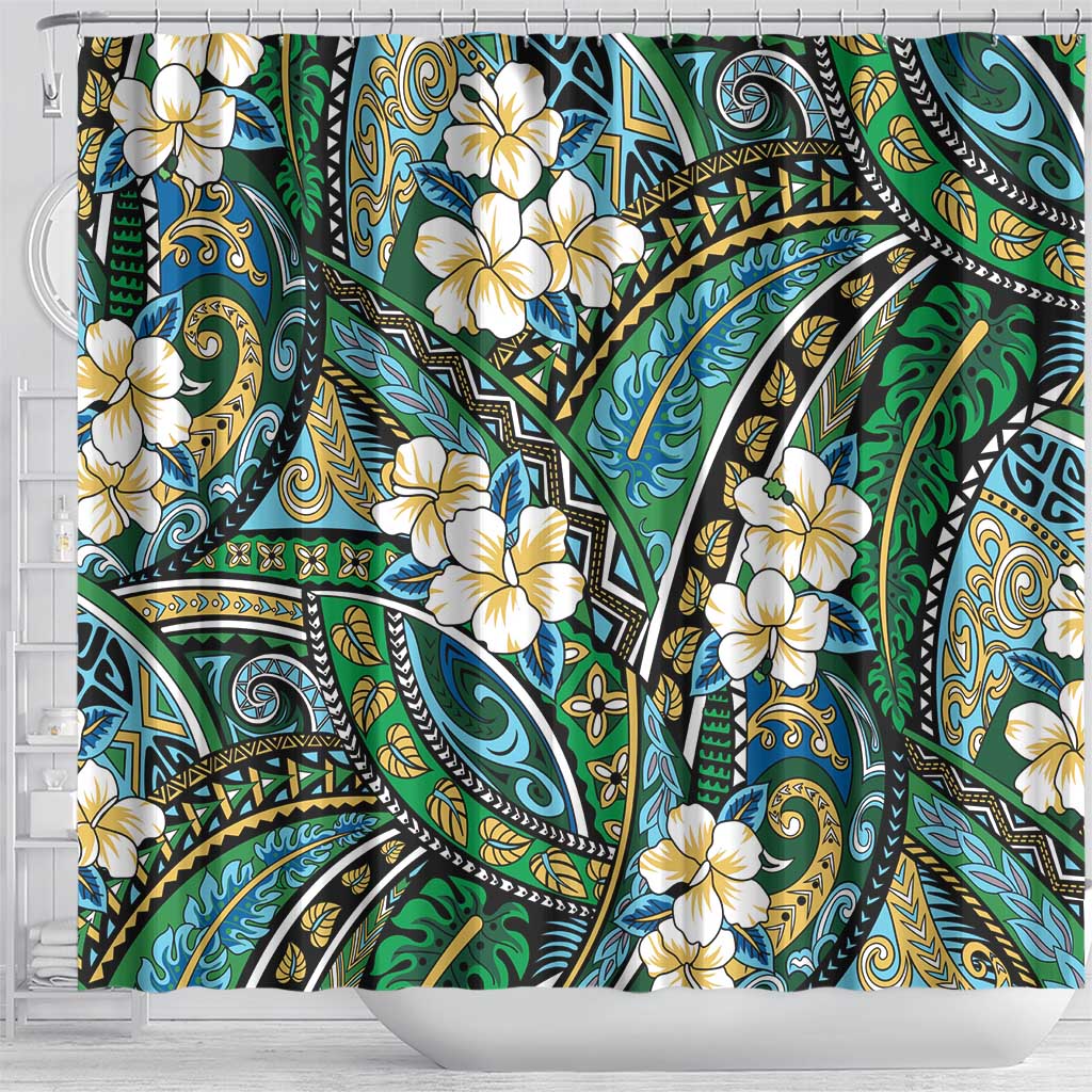 Polynesian Hibiscus Tropical Green Floral Shower Curtain Tribal Pattern - Polynesian Pride